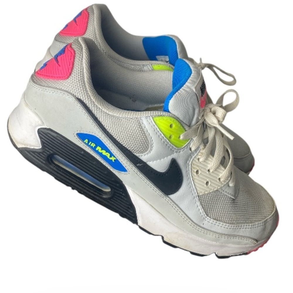 Nike Wms size 10.5 White Sneakers with Black Swoosh and Neon Accents
